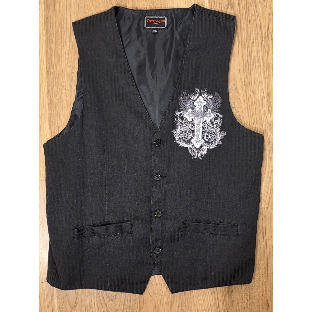 Patroncito Button Up Black Vest Mens XXL Vintage Y2K Biker Gothic Cross Wings
